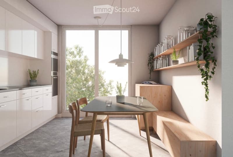 Modern kitchen with white cabinets, a dining table with chairs, pendant light, and open shelving with glass jars and plants.
