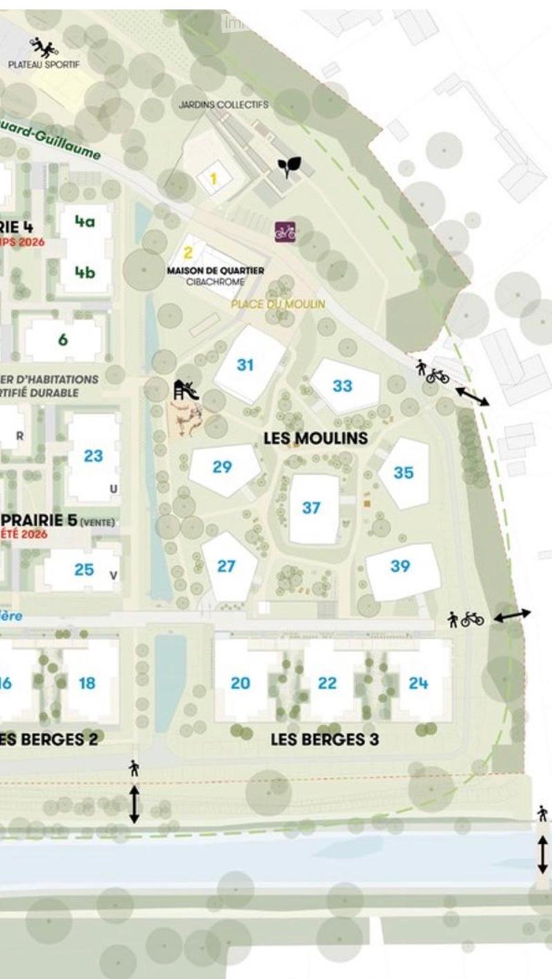 Floor plan of a residential area with numbered plots, labeled zones such as "LES MOULINS" and "LES BERGES 3", and surrounding green spaces and pathways.