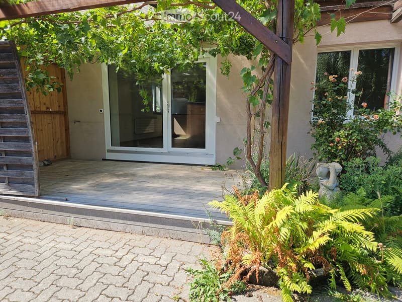 A wooden deck with a pergola covered in vines, surrounded by lush greenery and flowers, with a staircase leading up to the deck.