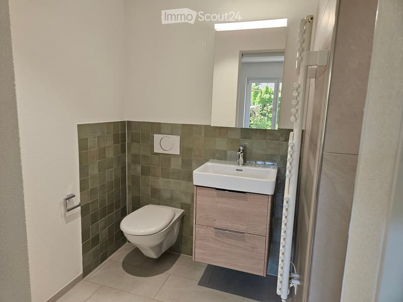 Modern bathroom with a toilet, sink, and mirror. The walls are tiled in green and beige, and the floor is tiled in beige.
