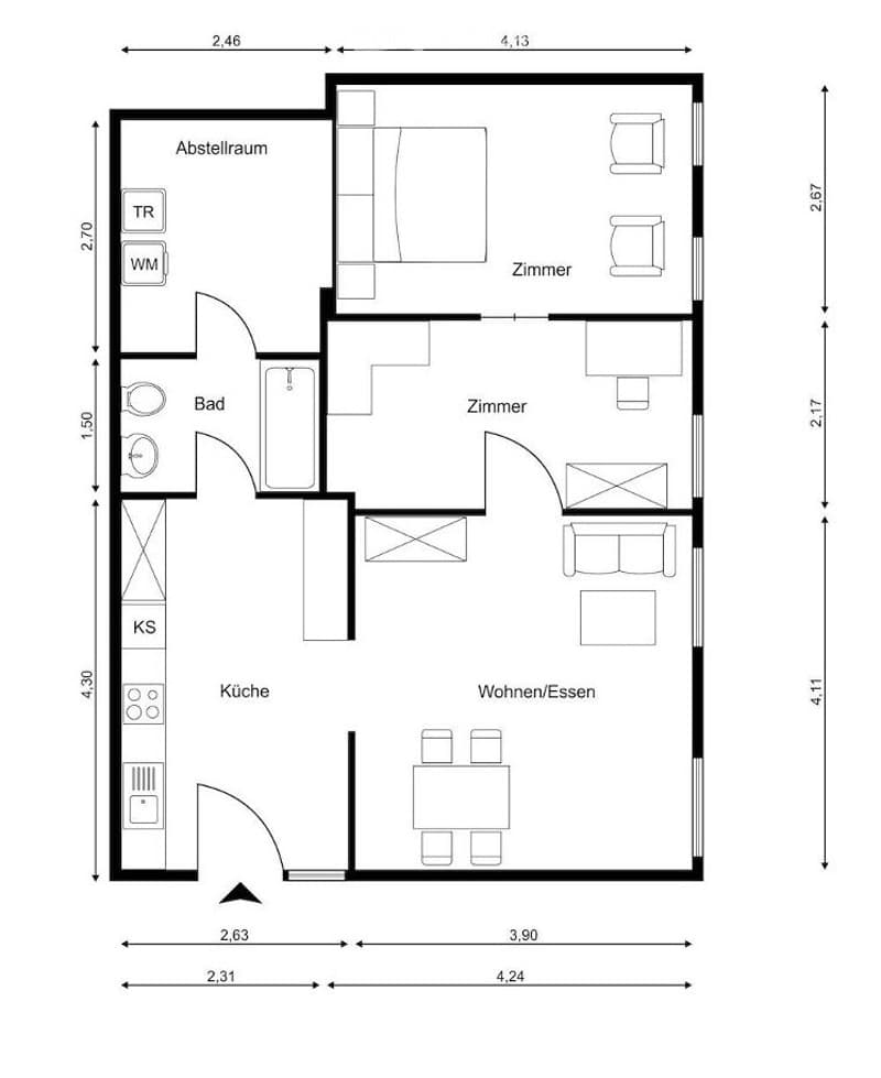 Floor plan of a 3-room apartment with a kitchen, living/dining area, bedroom, bathroom, and storage room.