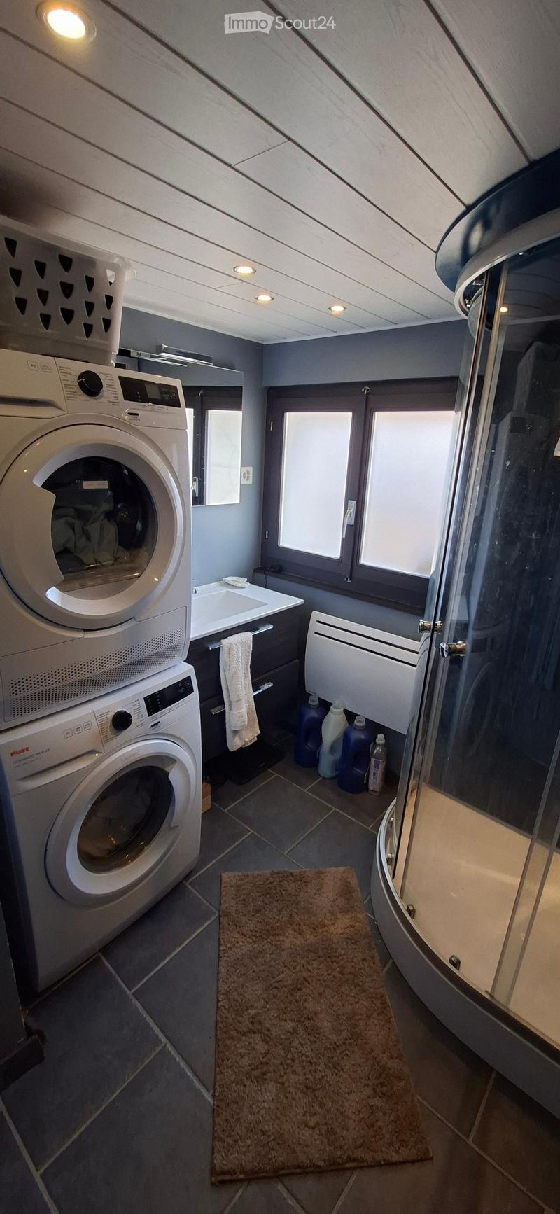 Bathroom with a washing machine, sink, shower, radiator, towel, cleaning bottles, and a bathroom rug.