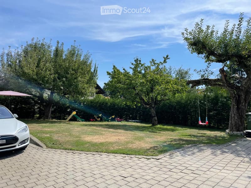 Lush garden with trees, swing, slide, and a parked car on a paved driveway.