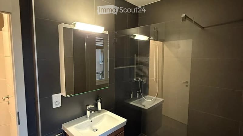 Modern bathroom with two sinks, a large mirror with built-in lighting, and a glass-enclosed shower area.
