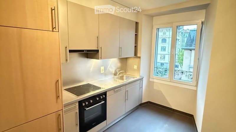 Modern kitchen with light wood cabinets, stainless steel appliances, induction stove, oven, sink, and a window overlooking a cityscape.