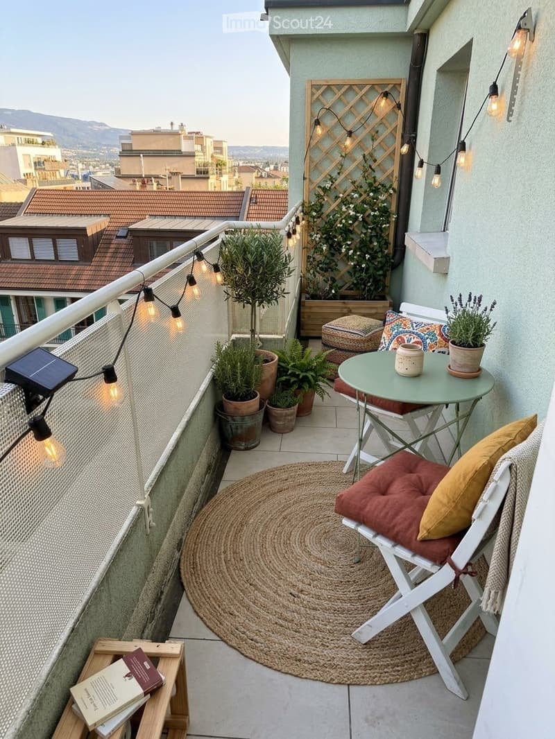 Cozy balcony with a round jute rug, white folding chair with red cushion, small green table, potted plants, string lights, and a view of the city.