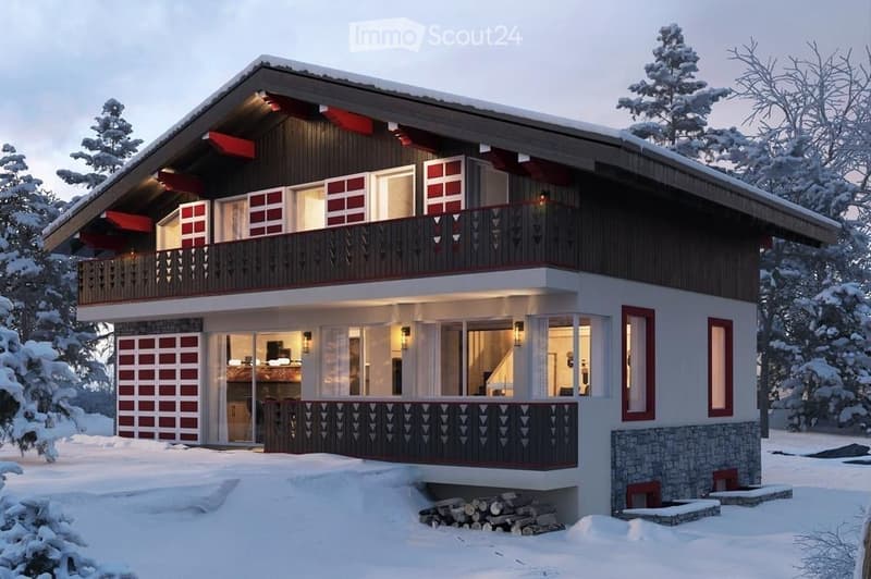 Two-story wooden house with red and white accents, large windows, and a garage, surrounded by snow-covered trees.