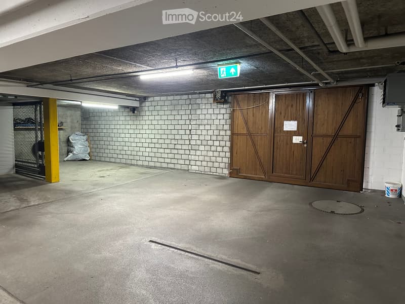 Underground parking space with concrete floor, tiled walls, wooden garage doors, and a metal shelving unit with bags on it.