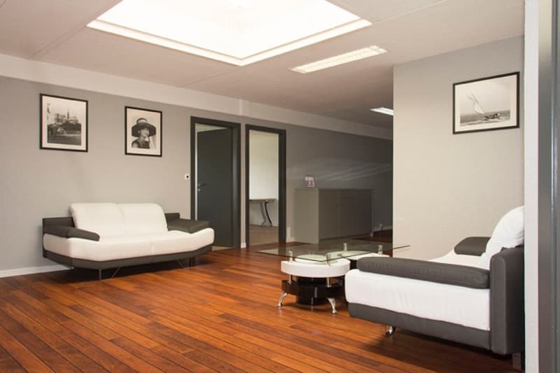 Modern, minimalist living room with light grey walls, dark wood flooring, white and grey sofa, white armchair, glass coffee table, and a small cabinet.