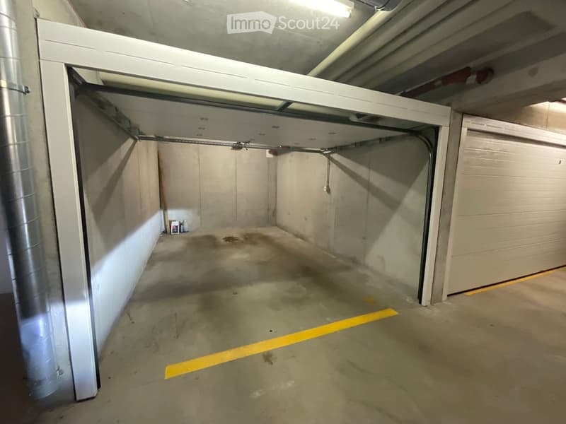 Empty underground parking space with concrete walls, floor, and a single overhead light fixture. No vehicles or furniture present.