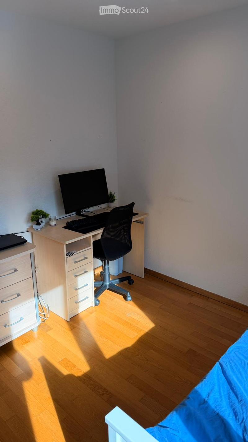 A well-lit room with a wooden floor, a desk setup including a screen, keyboard, and chair, a small plant, and a drawer unit.