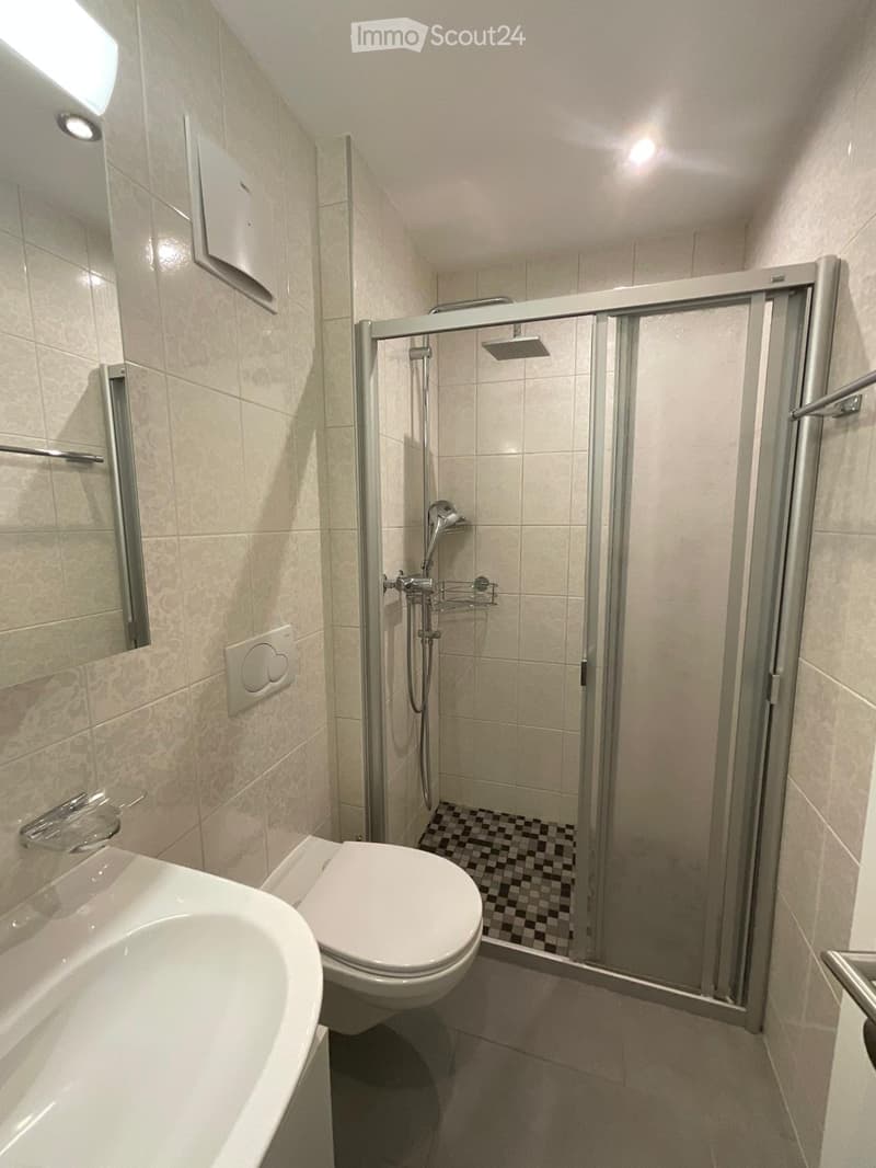 Modern bathroom with a toilet, sink, and walk-in shower with glass enclosure and built-in shower rack. Light-colored tiles and a checkered shower floor.