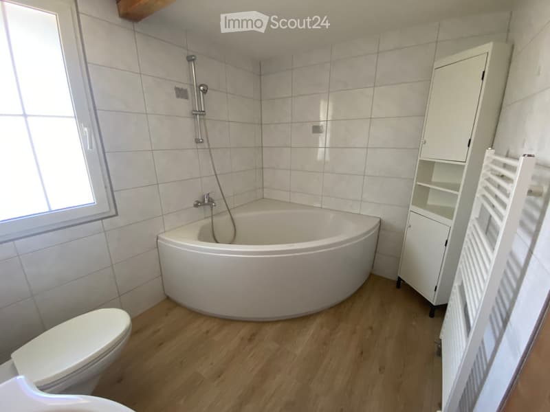 Modern bathroom with a white bathtub, toilet, shower, and built-in cabinet with a towel rack.