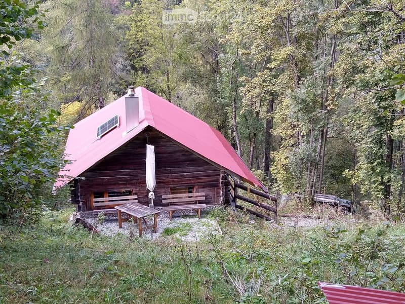 A wooden cabin with a red roof surrounded by trees, featuring a small outdoor seating area with a table and benches.