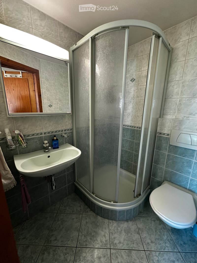 Modern bathroom with a white sink, toilet, and walk-in shower with glass doors. Includes a mirror, towel, and toothbrush holder.