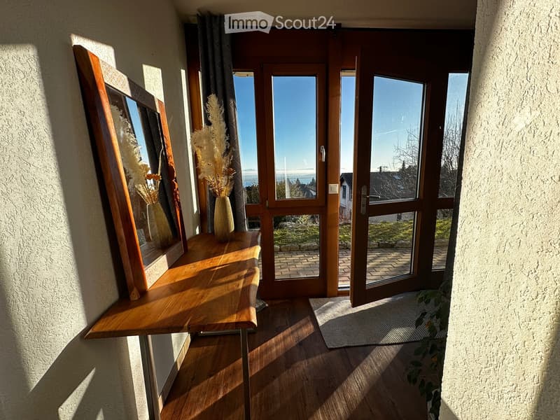 Bright hallway with wooden floor, large glass doors leading outside, wooden table with vases, mirror, and a small rug.