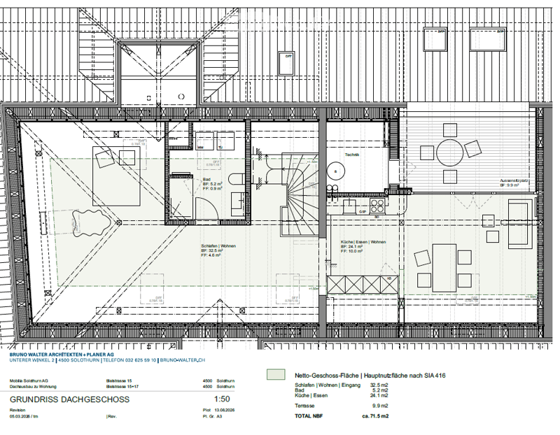 Ground floor plan of a residential building showing living spaces, bedrooms, kitchen, bathroom, and entrance area.