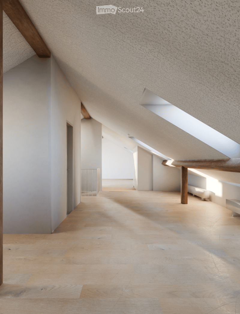 An empty attic corridor with wooden flooring, white walls, and skylights allowing natural light to enter. The space features exposed wooden beams and a simple, clean design.
