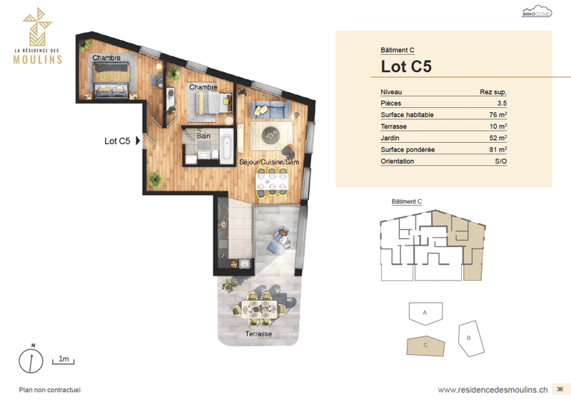 Floor plan of Lot C5 showing a living/dining/kitchen area, two bedrooms, a bathroom, and a terrace.