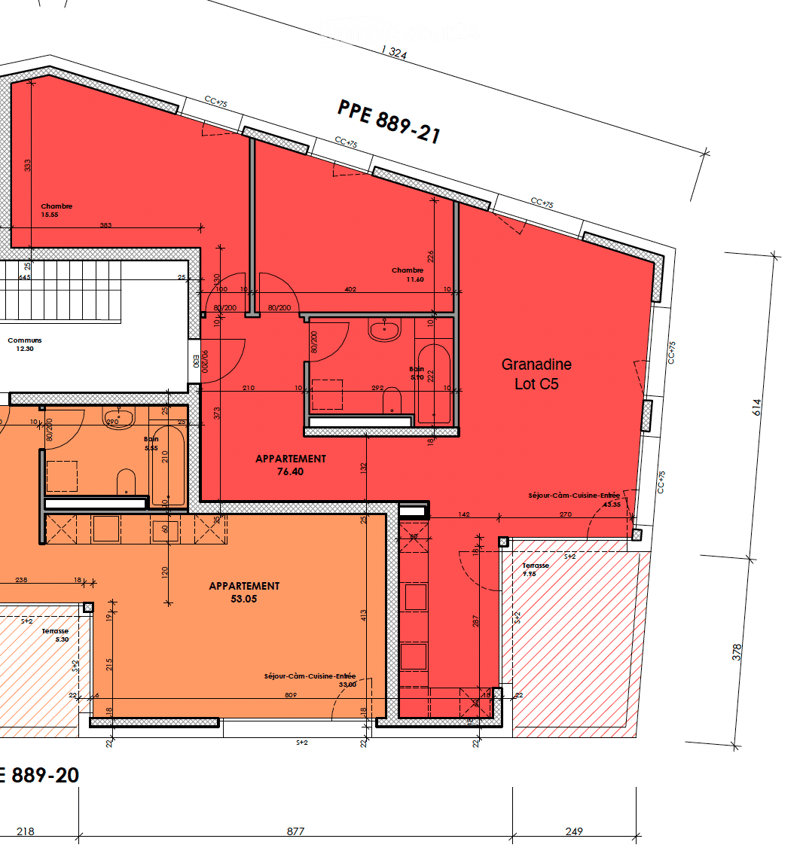 Floor plan showing two apartments, each with living-dining-kitchen area, bedroom, bathroom, and terrace.