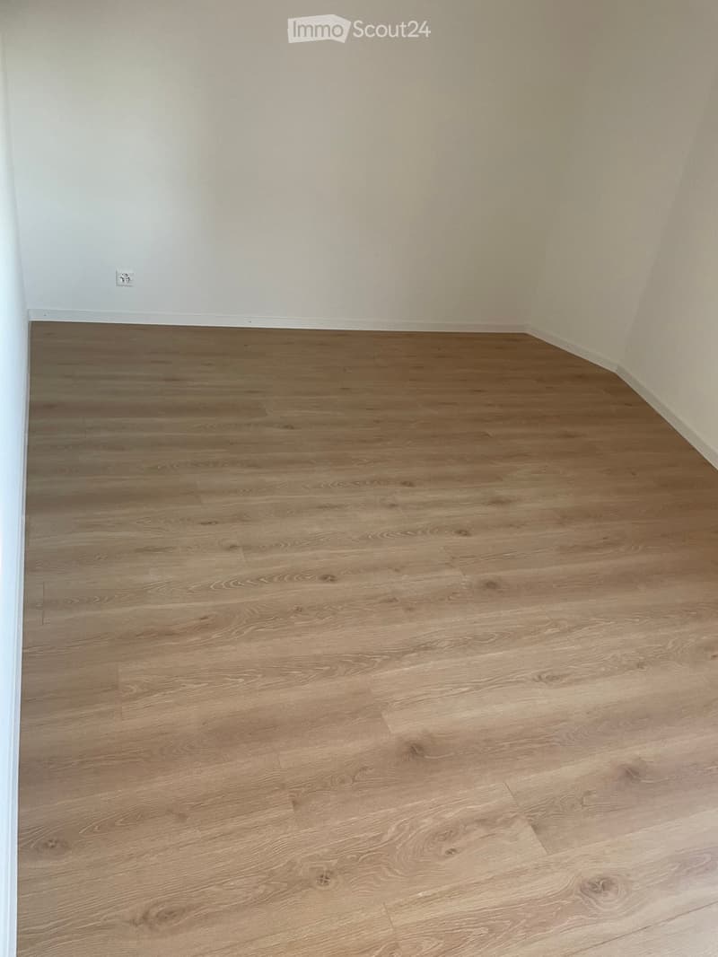 Empty room with light wooden flooring and white walls, showing a clean and unfurnished space.