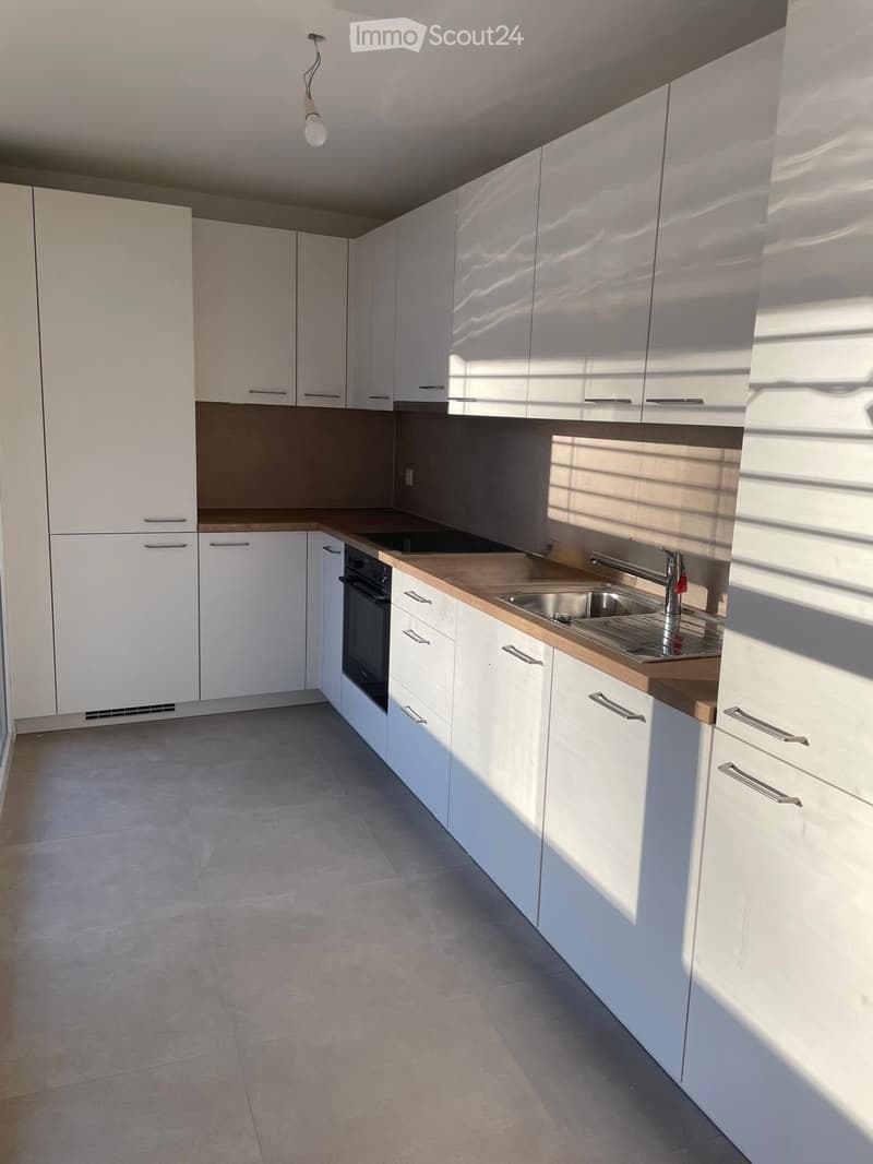 Modern kitchen with white cabinets, wooden countertops, stainless steel sink, and built-in oven.