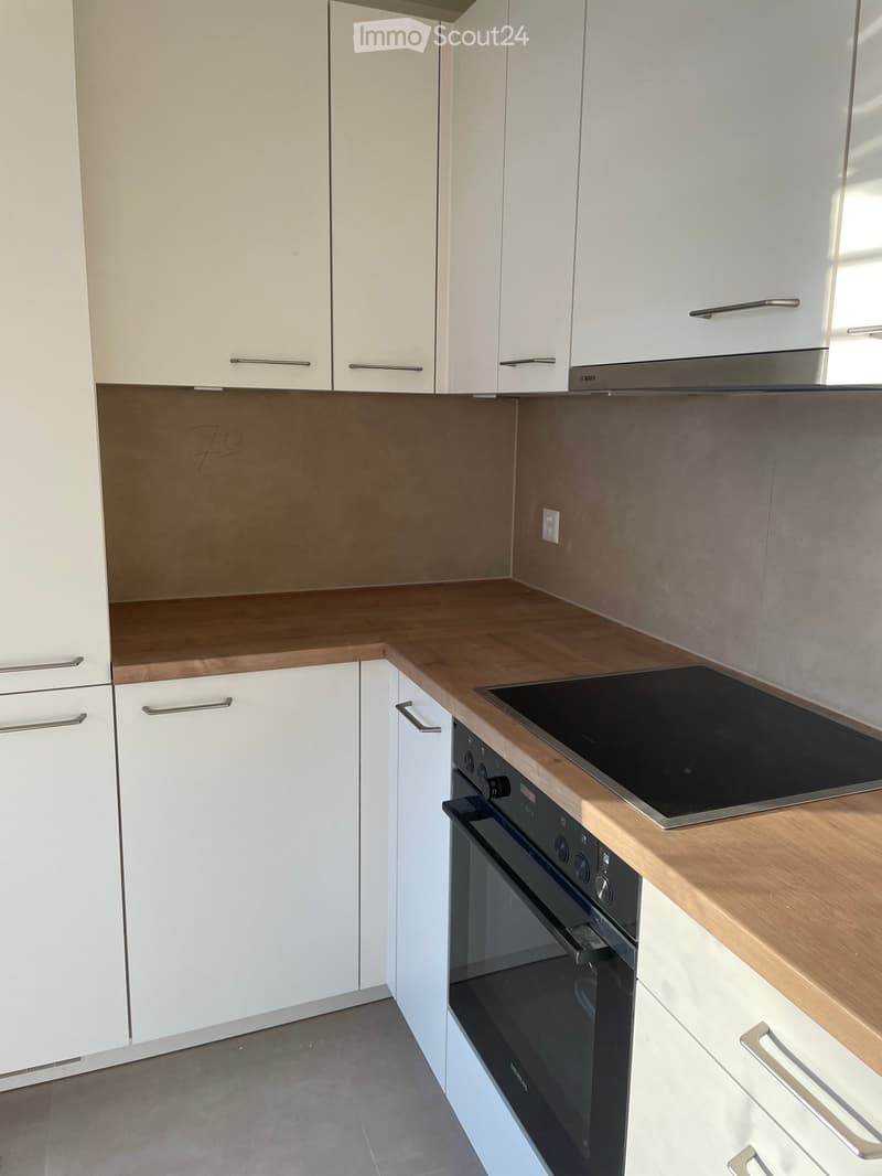 Modern kitchen with white cabinets, wooden countertops, and built-in appliances including an oven and induction cooktop.