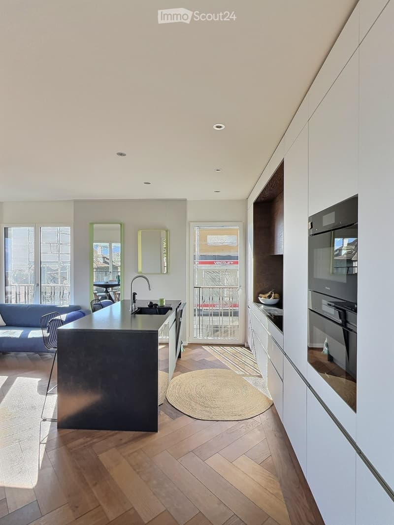 Modern kitchen with a central island, sink, and appliances. Features a sofa, chairs, and a round rug in the adjacent living area.
