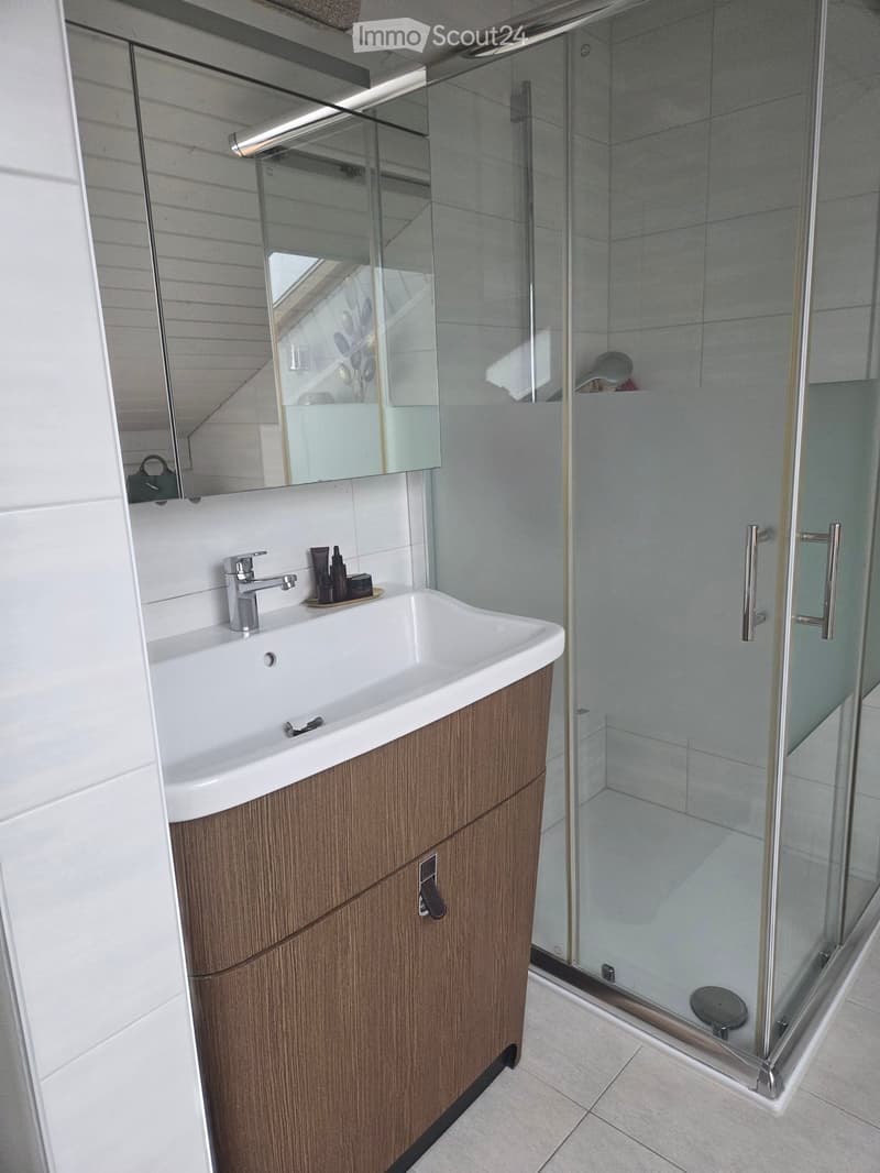 Modern bathroom with a white sink, wooden cabinet, chrome faucet, large mirror, and a glass-enclosed shower with chrome handles.