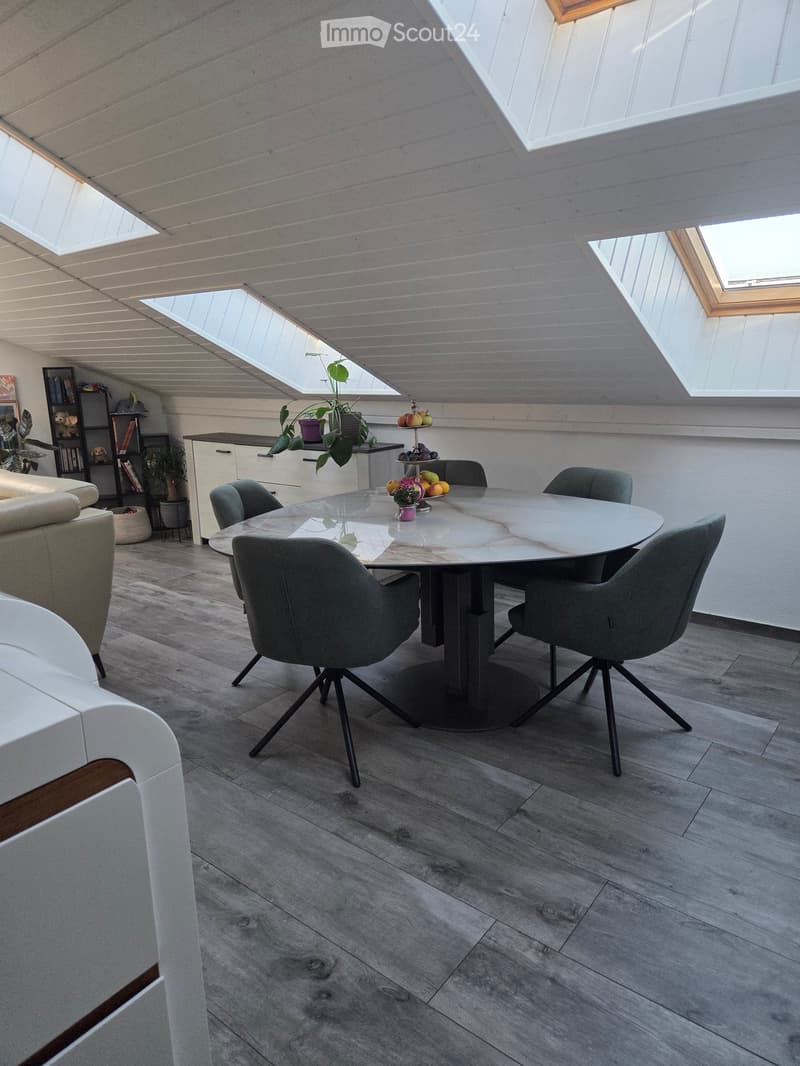 Modern dining area with a round glass table, six chairs, a sofa, a cabinet, and decorative plants.