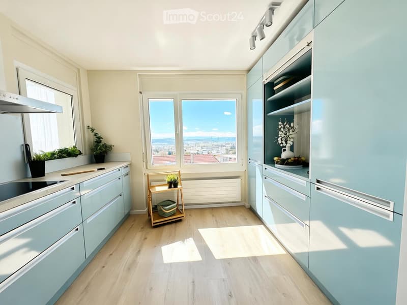 Modern kitchen with light blue cabinets, stainless steel appliances, wooden flooring, and a scenic city view through large windows.