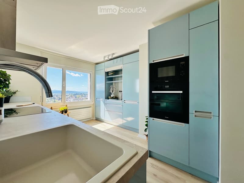Modern kitchen with light blue cabinets, stainless steel appliances, large sink, and a view of the city.
