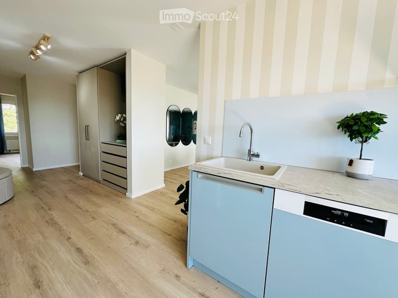 Modern kitchen with light blue cabinets, white countertops, a sink, a dishwasher, and a potted plant on the counter.