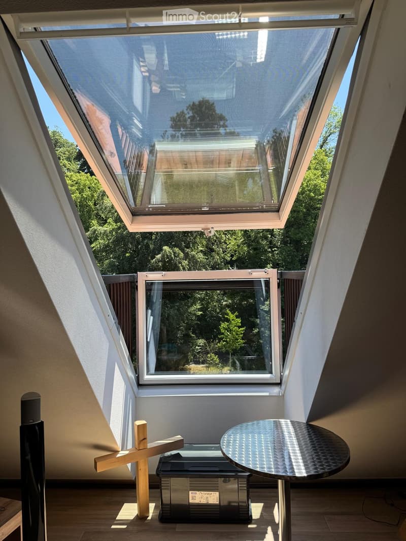 Loft-style room with skylight windows, wooden floor, round metallic table, speaker, and storage box.