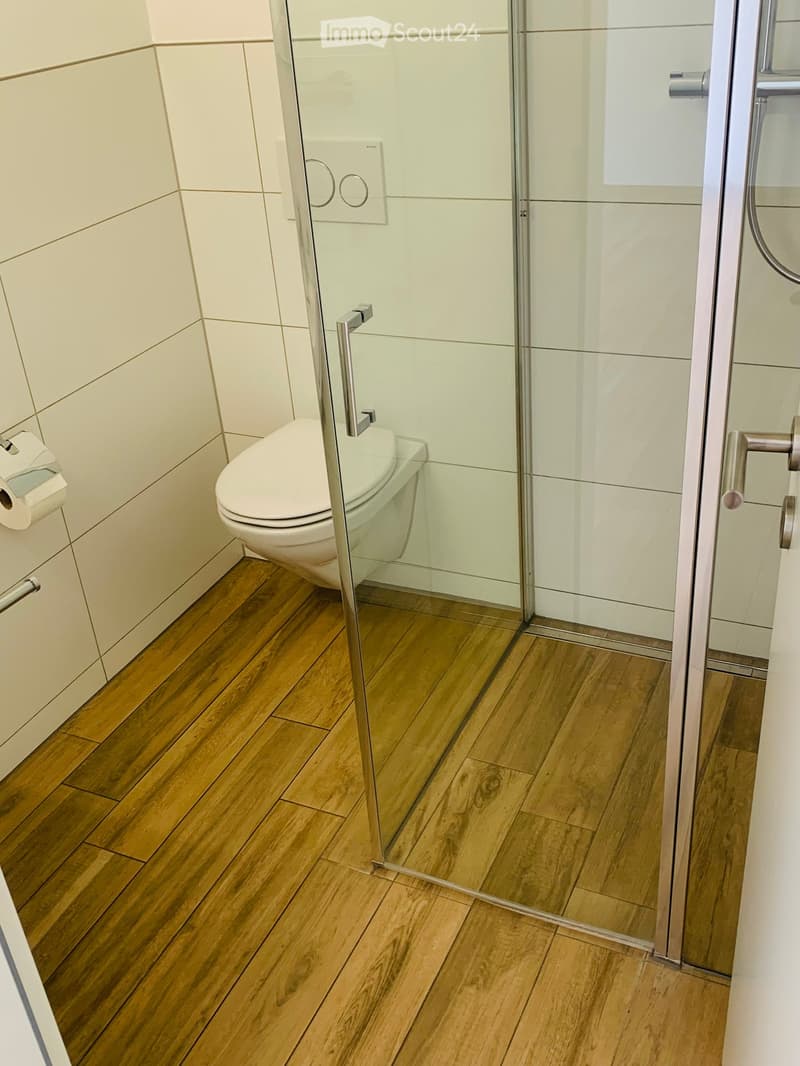 Modern bathroom with wooden flooring, white tiled walls, a toilet, and a glass-enclosed shower area.