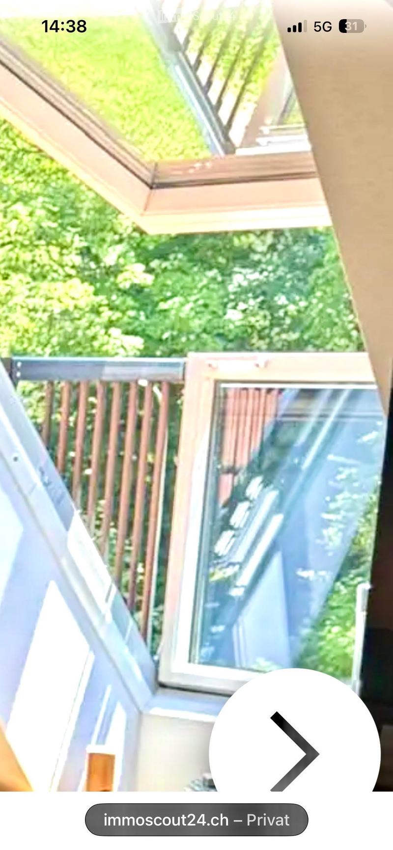 Balcony with wooden railing, glass window, and view of greenery outside.