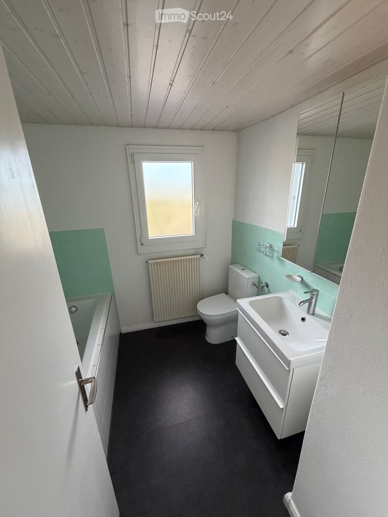 Modern bathroom with white walls, black floor, white sink, toilet, bathtub, radiator, and a large mirror above the sink.