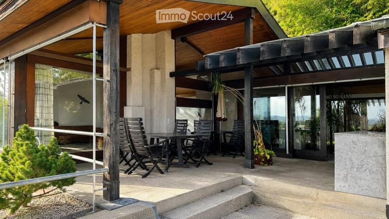 Modern outdoor patio with wooden ceiling, glass walls, dining table, chairs, and potted plants.
