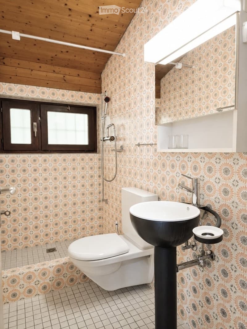 Modern bathroom with patterned tiles, a toilet, a black sink on a pedestal, a shower, and a built-in shelf with glassware.