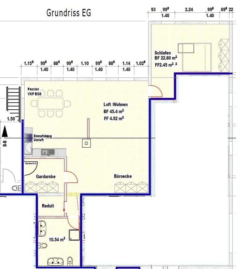 Ground floor plan showing living area, bedroom, hallway, pantry, and office area.