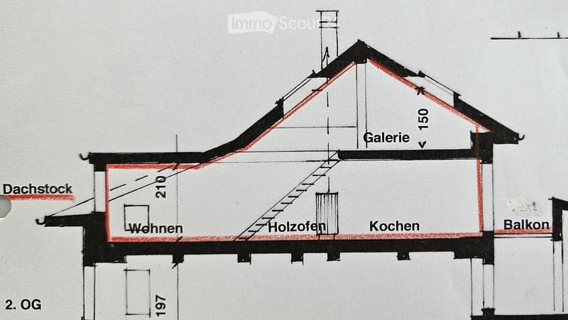 Floor plan of a second-floor residential space, including living area, kitchen, balcony, attic, and gallery.