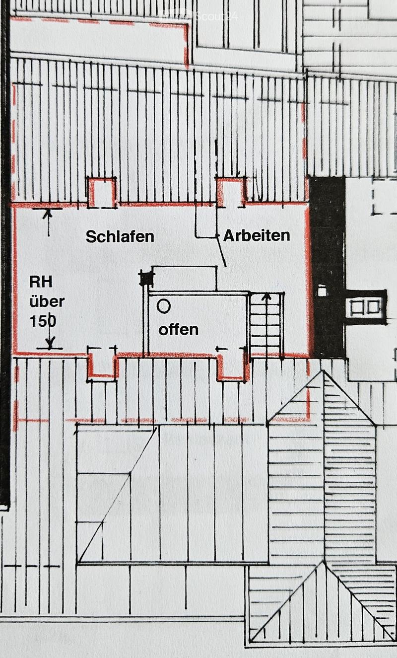 Floor plan showing a layout with labeled areas including 'Schlafen' (bedroom), 'Arbeiten' (office), and an open space marked 'offen'.