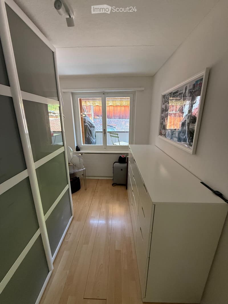 A narrow hallway with wooden flooring, white walls, and a large window leading to an outdoor area. There is a small cabinet on the right side and a framed picture on the wall.