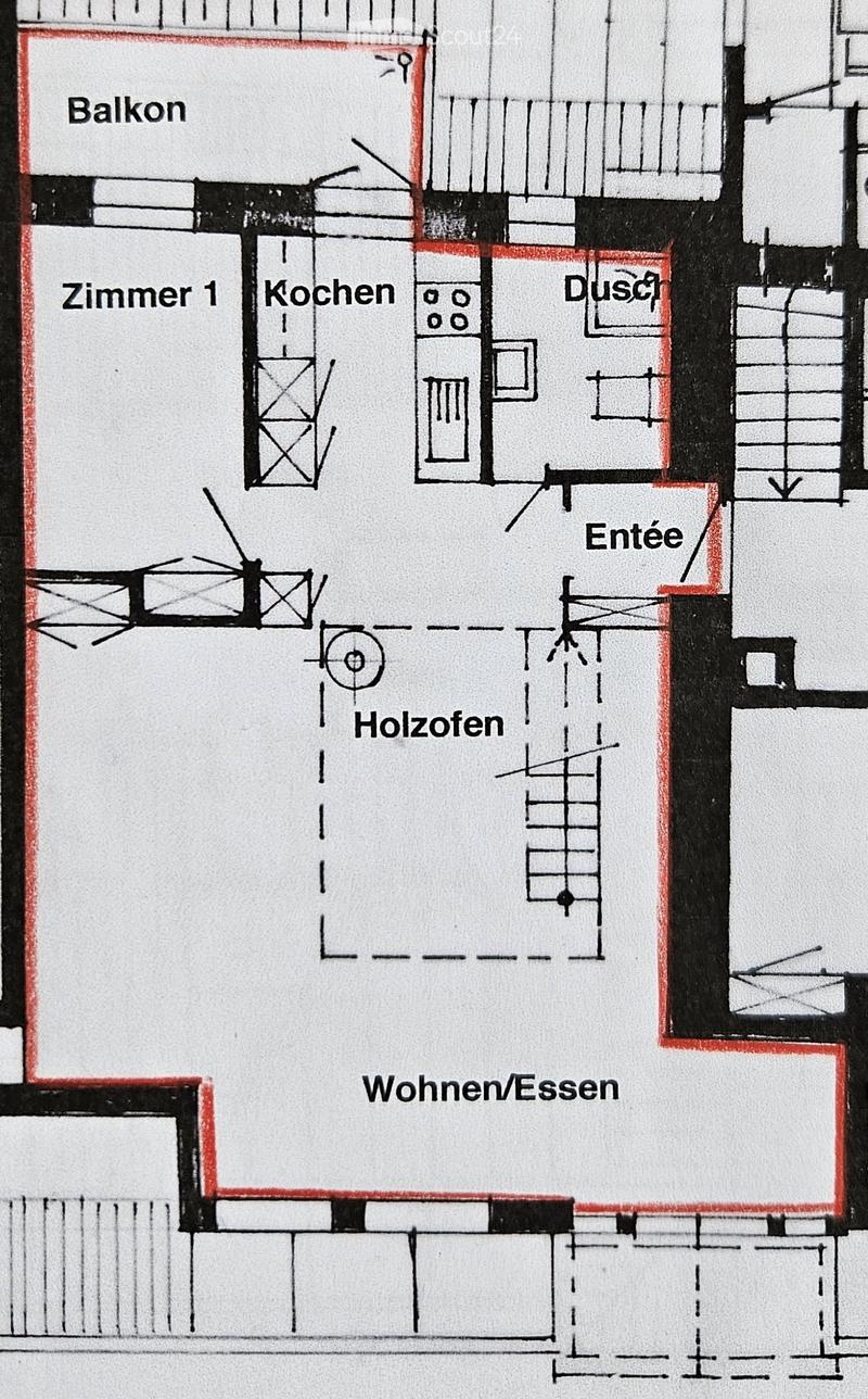 Floor plan showing a balcony, room1, kitchen, bathroom, entrance, wood stove, and living/dining area.
