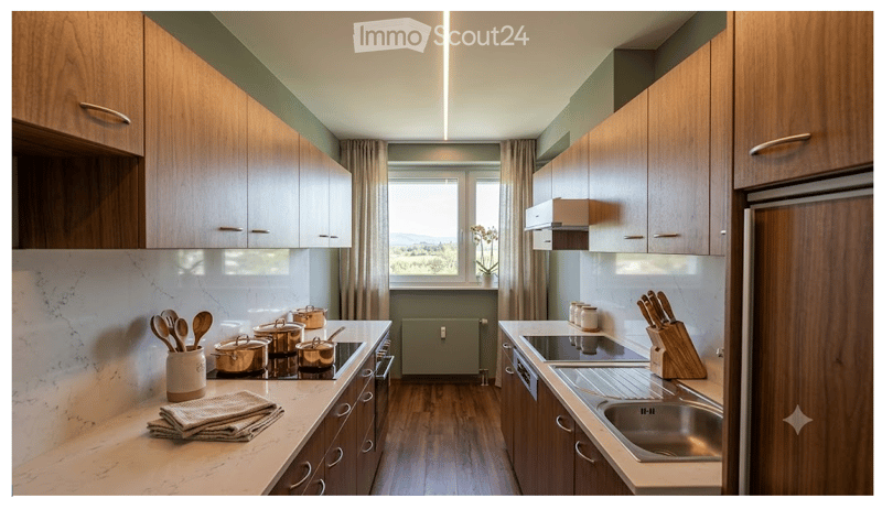 Modern kitchen with wooden cabinets, marble countertops, stainless steel appliances, and various kitchen utensils neatly arranged on the counters.