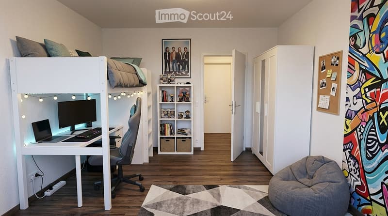A modern, multi-functional bedroom with a loft bed, desk area, bookshelf, and a colorful mural on one wall.
