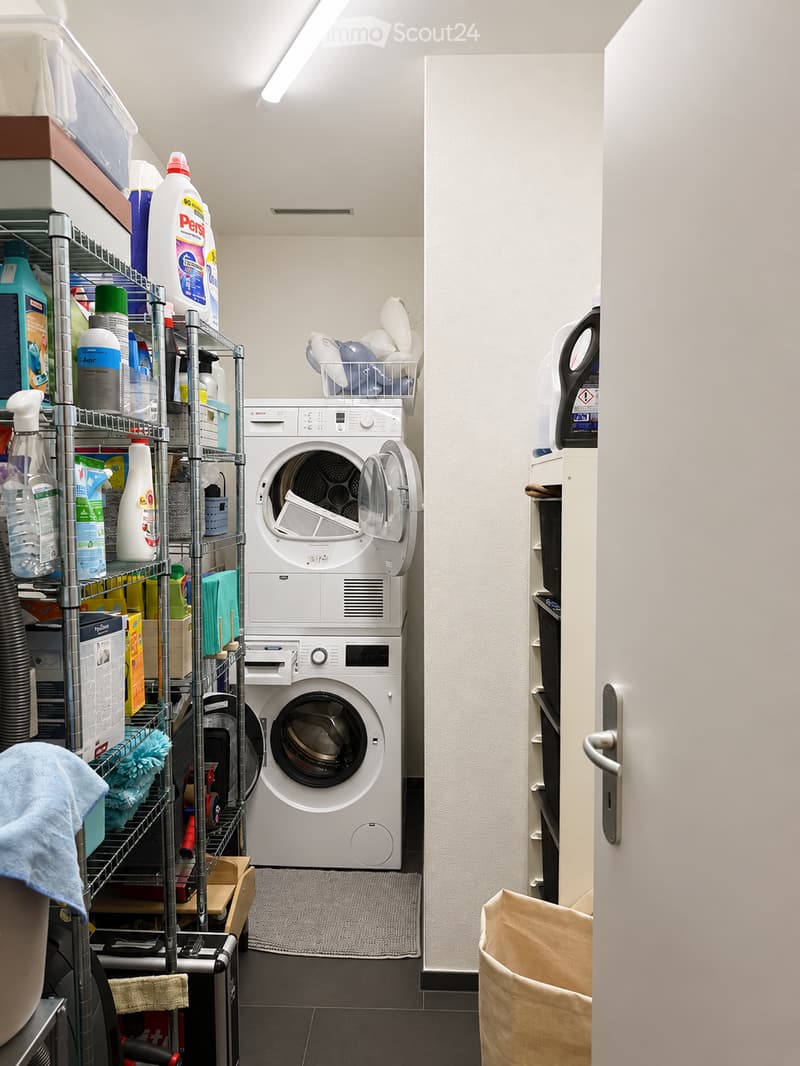 Well-organized laundry area with a washing machine, dishwasher, shelves filled with cleaning supplies, and a towel on the floor.