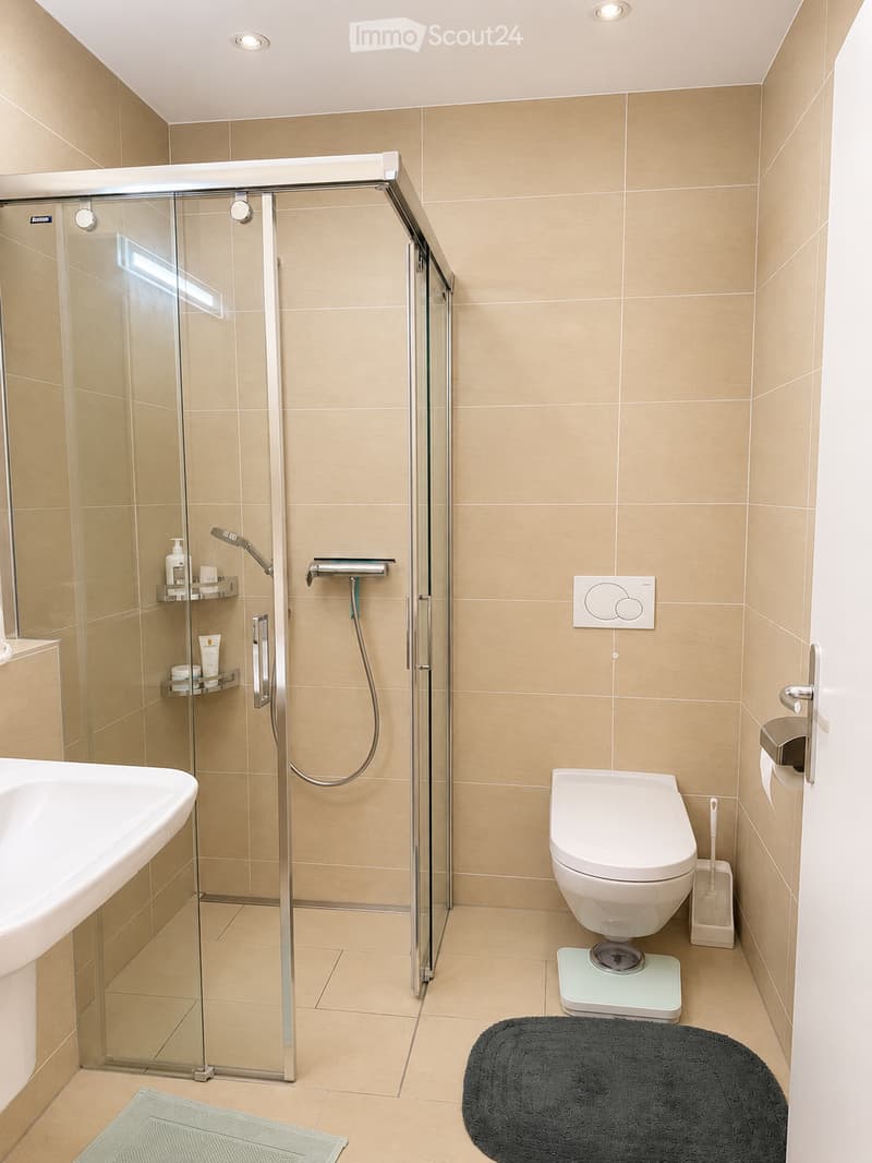 Modern bathroom with beige tiles, a glass-enclosed shower, a toilet, a sink, and a scale. Includes a shower shelf with toiletries, a toilet brush holder, and two rugs.