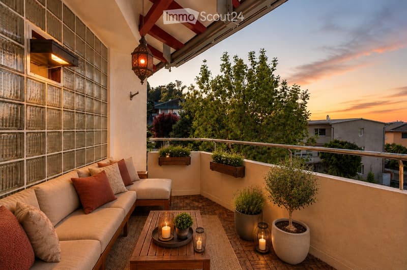 A cozy balcony with a wooden deck, a beige sofa with red and white cushions, a wooden coffee table with candles and potted plants, and hanging lanterns.