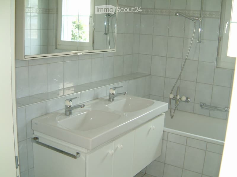 Bathroom with double sink, mirror, bathtub, and showerhead.
